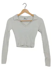 Vorschaubild 1 von Damen Crop Pullover Rippstrick V-Ausschnitt Beige Gr. XS