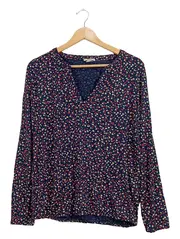 Vorschaubild 1 von Damen Bluse Blumenmuster V-Ausschnitt Langarm Gr. M Blau Viskose