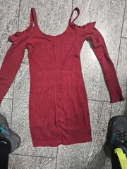 Vorschaubild 2 von Strickkleid Damen XS Bordeaux Rot Rippstrick Cold Shoulder