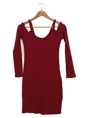 Vorschaubild 1 von Strickkleid Damen XS Bordeaux Rot Rippstrick Cold Shoulder