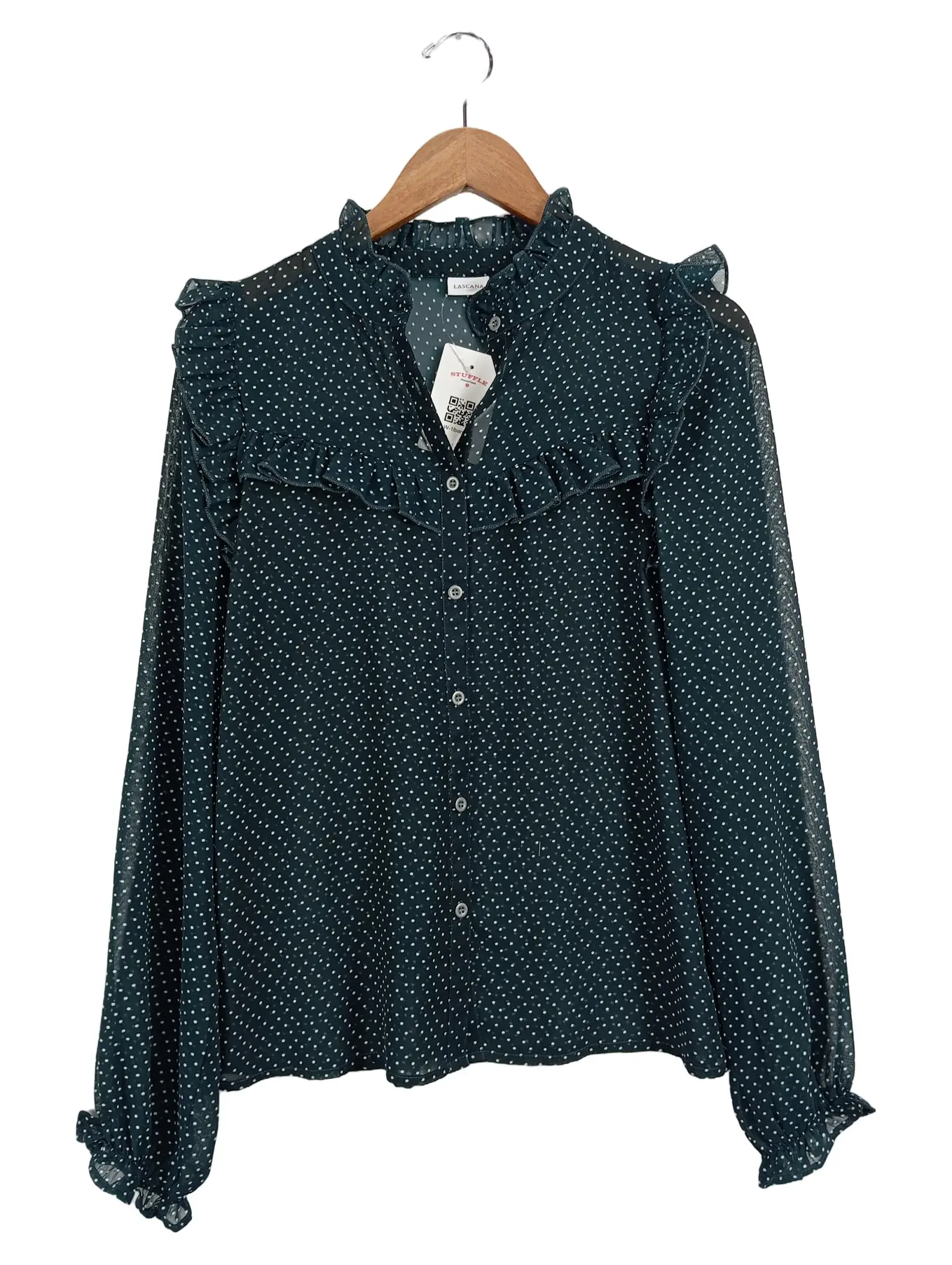 LASCANA Damen Bluse Grün Punkte Rüschen Gr. 36/S