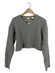 Vorschaubild 1 von Damen Pullover Cropped Zopfmuster V-Ausschnitt Grau Wolle Gr. XS