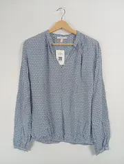 Vorschaubild 2 von Bluse Damen Gr. 38 M Blau Grafisch Langarm Viskose Casual Rüschen