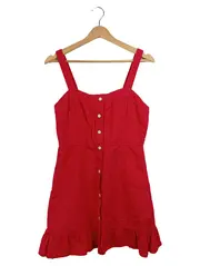 Vorschaubild 1 von Damen Sommerkleid Rot Gr. 38/M Leinen Knöpfe Rüschen Midikleid