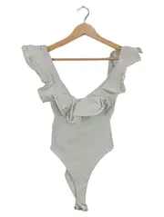 Vorschaubild 1 von Damen Body Gr. M Rüschen Ausschnitt Beige Feminin Baumwolle