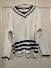 Vorschaubild 2 von E.LAND Kinder Pullover V-Ausschnitt Weiß Navy Streifen Gr. 160/164