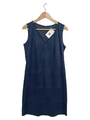 Vorschaubild 1 von Etuikleid Damen Gr. 38 Blau Veloursleder-Optik V-Ausschnitt