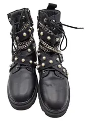 Vorschaubild 2 von Damen Schnürstiefel Nieten Ketten Perlen Schwarz Gr. 36