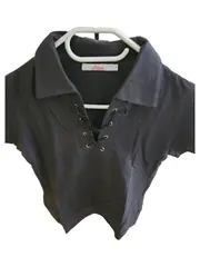 Vorschaubild 1 von Damen Poloshirt Schwarz Gr. 36 S Kurzarm Schnürung Casual Baumwolle