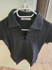 Vorschaubild 2 von Damen Poloshirt Schwarz Gr. 36 S Kurzarm Schnürung Casual Baumwolle