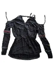 Vorschaubild 2 von Damen Bluse Gr. 36/S Schwarz Blumenstickerei Cold Shoulder