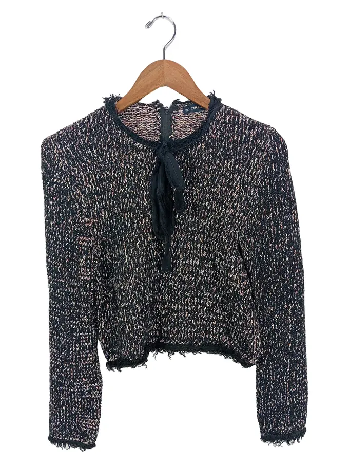 ZARA Damen Strickjacke L Mehrfarbig Modern Meliert Schleife Fransen