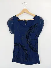 Vorschaubild 2 von Damen Top Shirt Gr. 38/M Blau Casual Florales Muster