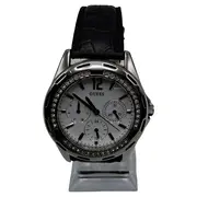 Vorschaubild 1 von Damenuhr Silber Strassbesatz schwarzes Lederarmband Multifunktion