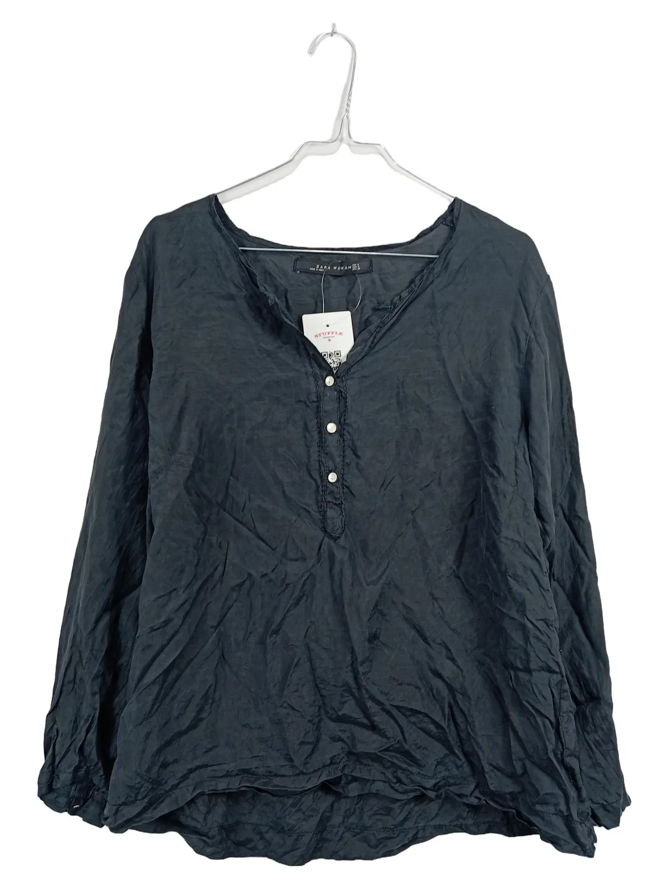 ZARA Woman Bluse Damen Gr. M Grau Langarm Tunika Casual