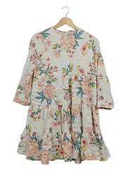 Vorschaubild 1 von Sommerkleid Blumenmuster Rüschen Langarm Beige Gr. XS 34