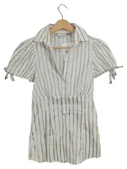 Vorschaubild 1 von Hemdblusenkleid Damen Weiß Gestreift Baumwolle Minikleid Gr. 36 S