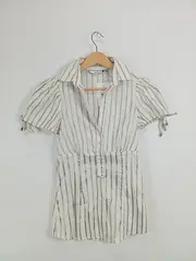 Vorschaubild 2 von Hemdblusenkleid Damen Weiß Gestreift Baumwolle Minikleid Gr. 36 S