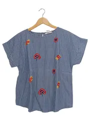 Vorschaubild 1 von EDC Damen T-Shirt Gr. 38/M Blau Gestreift mit Blumenstickerei Casual