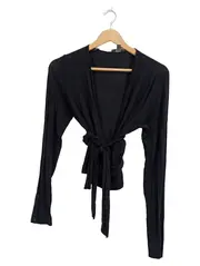 Vorschaubild 1 von Damen Strickjacke Wickeljacke Schwarz Gr. L Bindeverschluss