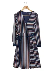 Vorschaubild 1 von Damen Wickelkleid Gr. 36/S Blau Gestreift Langarm Bindegürtel