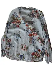 Vorschaubild 2 von Damen Bluse Gr. 44 Blumenmuster Türkis Gestreift Langarm Romantisch