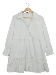Vorschaubild 1 von Hemdblusenkleid Damen XL Weiß Baumwolle V-Ausschnitt Rüschen