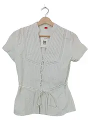 Vorschaubild 2 von Damen Bluse Kurzarm Weiß Gr. 34 XS Stickerei Lochmuster Baumwolle