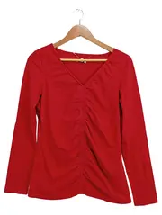 Vorschaubild 1 von Damen Langarmshirt Rot Gr. L Raffung V-Ausschnitt