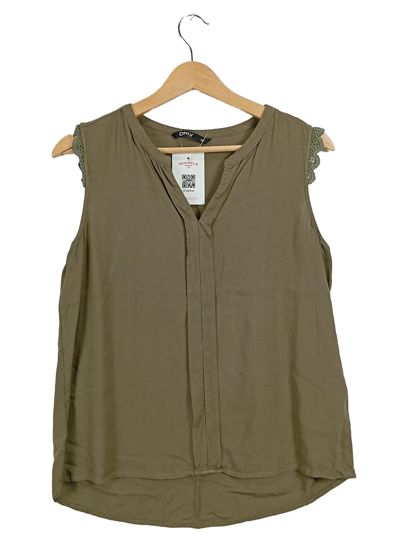 ONLY Damen Bluse Gr. 38 Oliv Ärmellos Spitzendetails Viskose