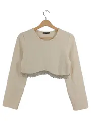 Vorschaubild 2 von Damen Cropped Langarmshirt Gr. S Beige Strass Fransen Elegant