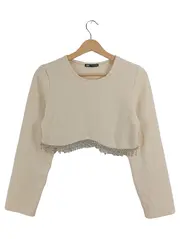 Vorschaubild 1 von Damen Cropped Langarmshirt Gr. S Beige Strass Fransen Elegant