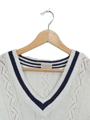 Vorschaubild 3 von Pullover Damen L Lochmuster V-Ausschnitt Weiß Baumwolle