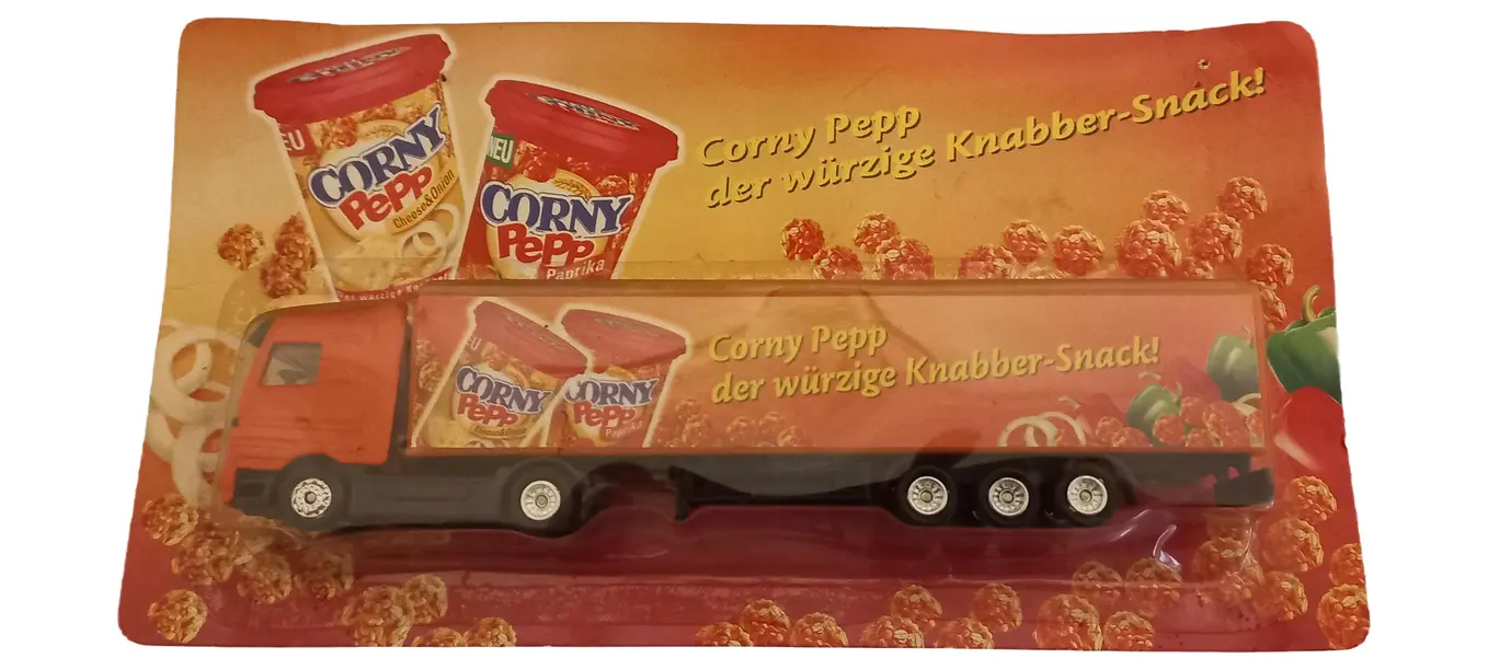 MARKENLOS Corny Pepp Werbe LKW Sattelzug Modellfahrzeug Sammler Orange 20cm