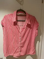 Vorschaubild 2 von Bluse Damen Gr. 40 Rot Weiß Gestreift Kurzarm Viskose