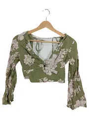 Vorschaubild 1 von Damen Bluse Crop Top Blumenmuster Oliv Gr. 36, S Bohemian