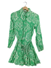 Vorschaubild 1 von Damen Blusenkleid Gr. M Grün Weiß Blumenmuster Langarm Gürtel