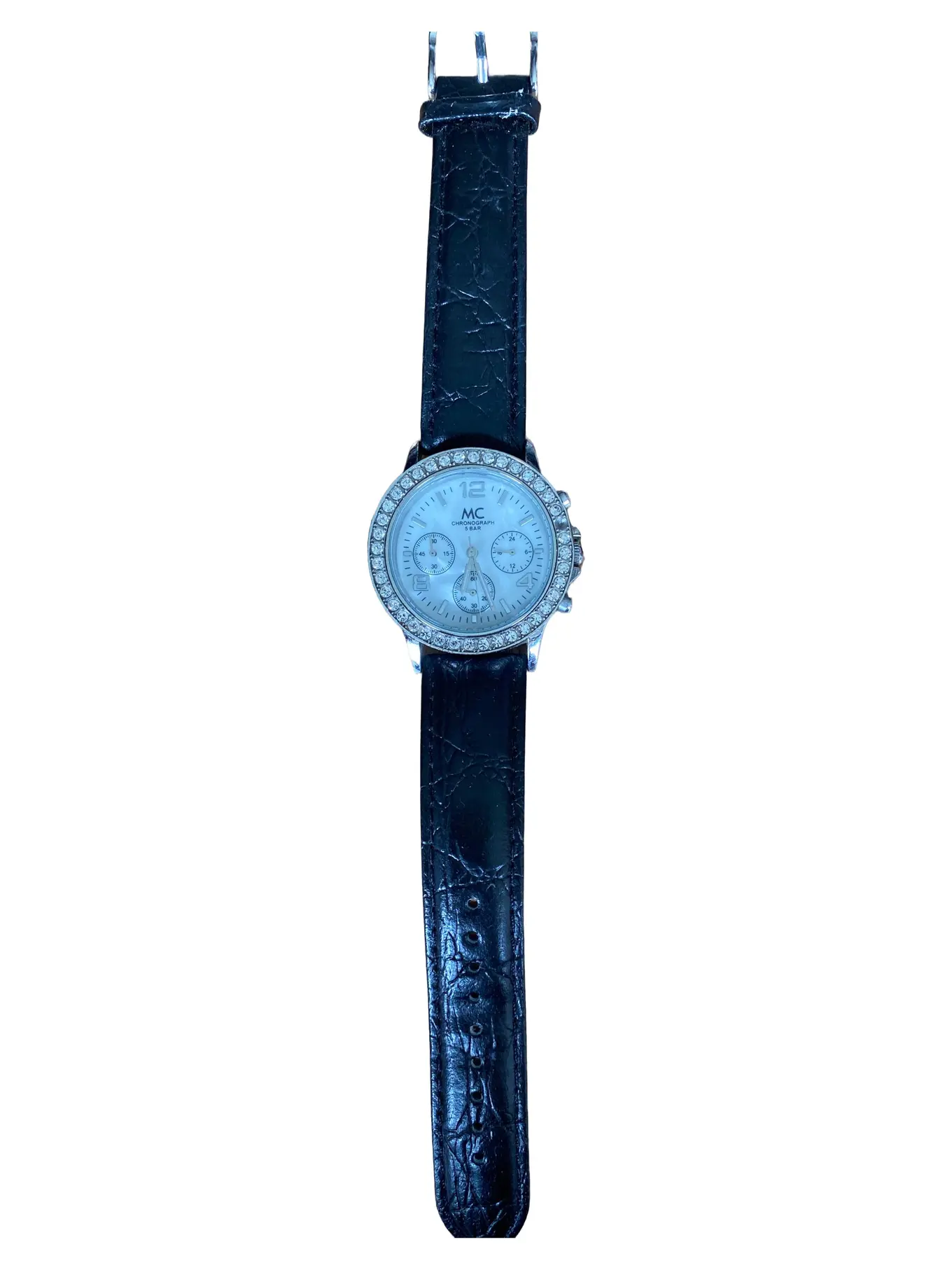 MC Damen Armbanduhr Chronograph Schwarz Leder Elegant Strass