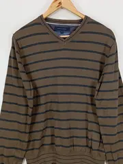 Vorschaubild 2 von Herren Pullover M Braun Gestreift V-Ausschnitt Casual