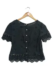 Vorschaubild 2 von Bluse Damen 34;XS Schwarz Lochmuster Spitze Kurzarm Bohemian