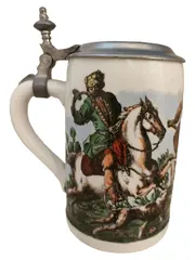 Vorschaubild 1 von Bierkrug Porzellan Zinndeckel Jagd Reiter Motiv Bavaria 500ml