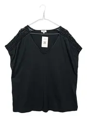 Vorschaubild 1 von Damen T-Shirt Gr. 44 Schwarz Häkeldetails V-Ausschnitt Baumwolle