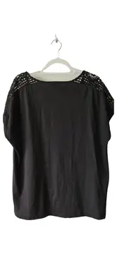 Vorschaubild 2 von Damen T-Shirt Gr. 44 Schwarz Häkeldetails V-Ausschnitt Baumwolle