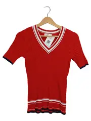 Vorschaubild 1 von Damen Pullover Kurzarm V-Ausschnitt Rippstrick Rot Streifen Gr. 36;S