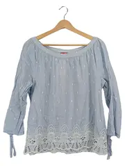 Vorschaubild 1 von Damen Bluse 3/4-Arm Blau Gr. 40 Baumwolle Stickerei Lochmuster