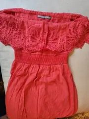 Vorschaubild 2 von Sommerkleid Damen Gr. 36 S Rot Schulterfrei Stickerei Bohemian