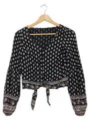 Vorschaubild 2 von Damen Bluse XS Bohemian Ethno Muster Schwarz Bindedetail Langarm