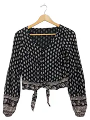 Vorschaubild 1 von Damen Bluse XS Bohemian Ethno Muster Schwarz Bindedetail Langarm