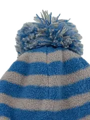 Vorschaubild 2 von Fleecemütze Kinder Bommel Blau Grau Gestreift Bindebänder