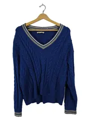 Vorschaubild 1 von Damen Pullover Zopfstrick Blau Gr. XS Casual V-Ausschnitt